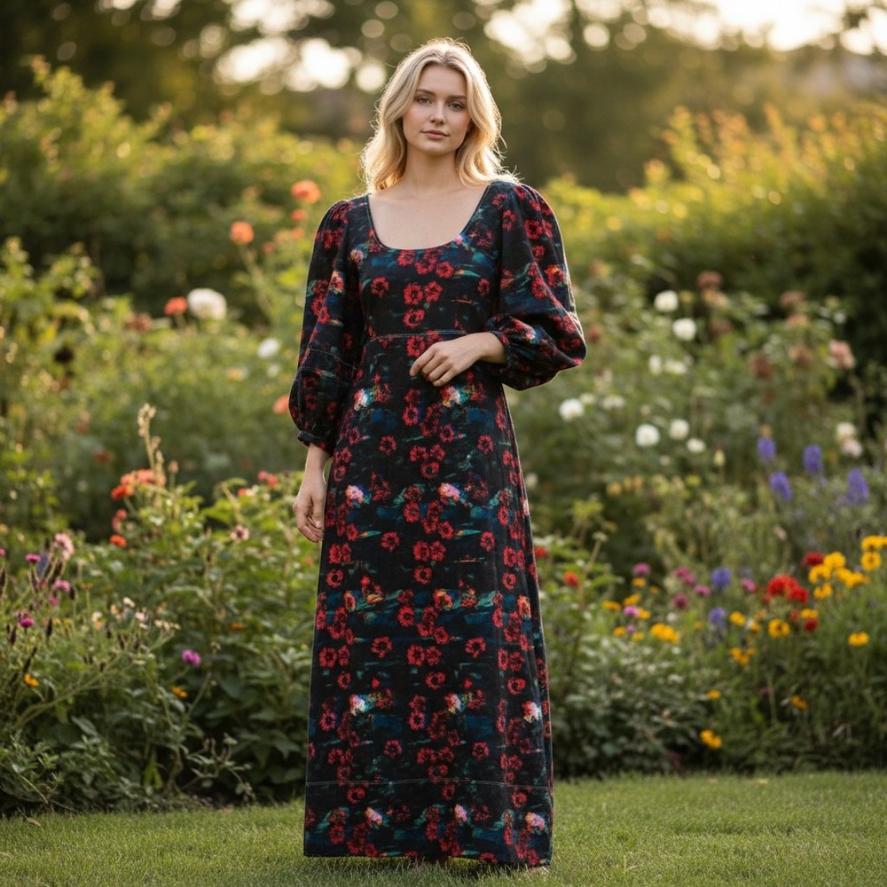 Rachel Comey Dress Womens 0 Black Red Floral Puff Sleeve Scoop Neck Midi